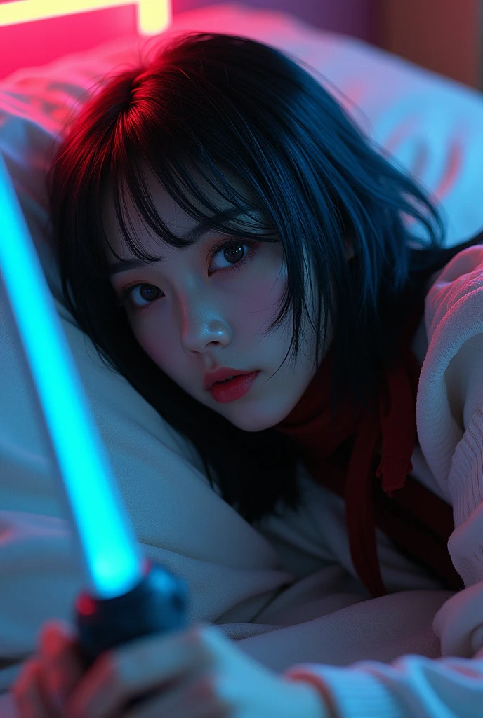 Raw photo, realistic, photorealistic), dynamic angle, beautiful, stunning, epic, highly detailed, 1 girl\(mecha\),(techpunkmask:1.2), slim body, kong-fu, black hair, black eyes, Chinese hairstyle , invisibility,luminous body,cyberpunk,cyborg ninja,cinematic lighting,accent lighting,dramatic_shadow,ray_tracing,intricate clothing and patterns,fighting,(holding laser katana:1.3),hair bangs,red long scarf,very genuine skin, ((lying down)), dynamic dynamic pose, bedroom, ((bed)) neon lights, beautiful light