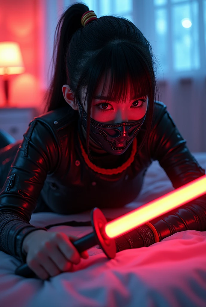 Raw photo, realistic, photorealistic), dynamic angle, beautiful, stunning, epic, highly detailed, 1 girl\(mecha\),(techpunkmask:1.2), slim body, kong-fu, black hair, black eyes, Chinese hairstyle , invisibility,luminous body,cyberpunk,cyborg ninja,cinematic lighting,accent lighting,dramatic_shadow,ray_tracing,intricate clothing and patterns,fighting,(holding laser katana:1.3),hair bangs,red long scarf,very genuine skin, ((lying down)), dynamic dynamic pose, bedroom, ((bed)) neon lights, beautiful light