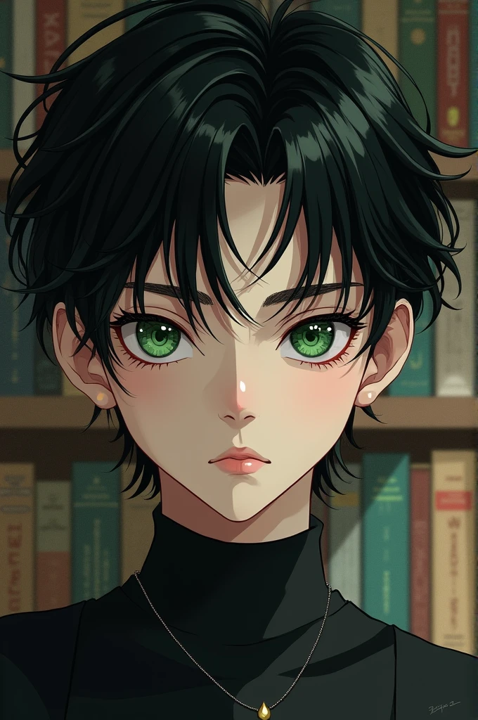 Black-haired boy with white skin, Her eyes are green, He looks like he could kill you, egocentric and sarcastic. attractive and pretty. He is eighteen years old. digital illustration of books. 