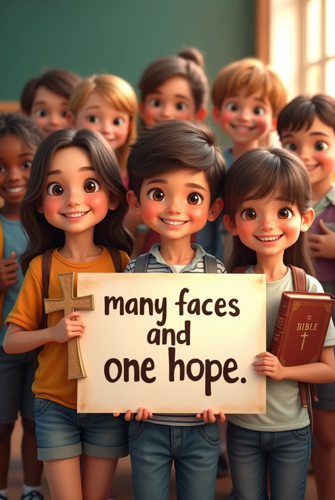 Smiling children at school holding a sign that reads:: "many faces and one hope" untranslated. One of the children holding a cross, Another a picture of Saint Jerome and another a Bible
