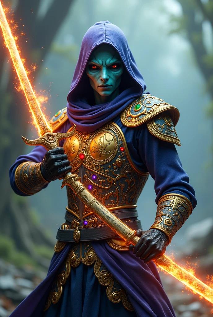 Ninja com roupa purple , showing the face of alien Arcturian, with sword of fire , gold armour, couraça no peito cerulean cheia de pedras preciosas verde,rot, purple,cerulean,yellow.
Greva cerulean.