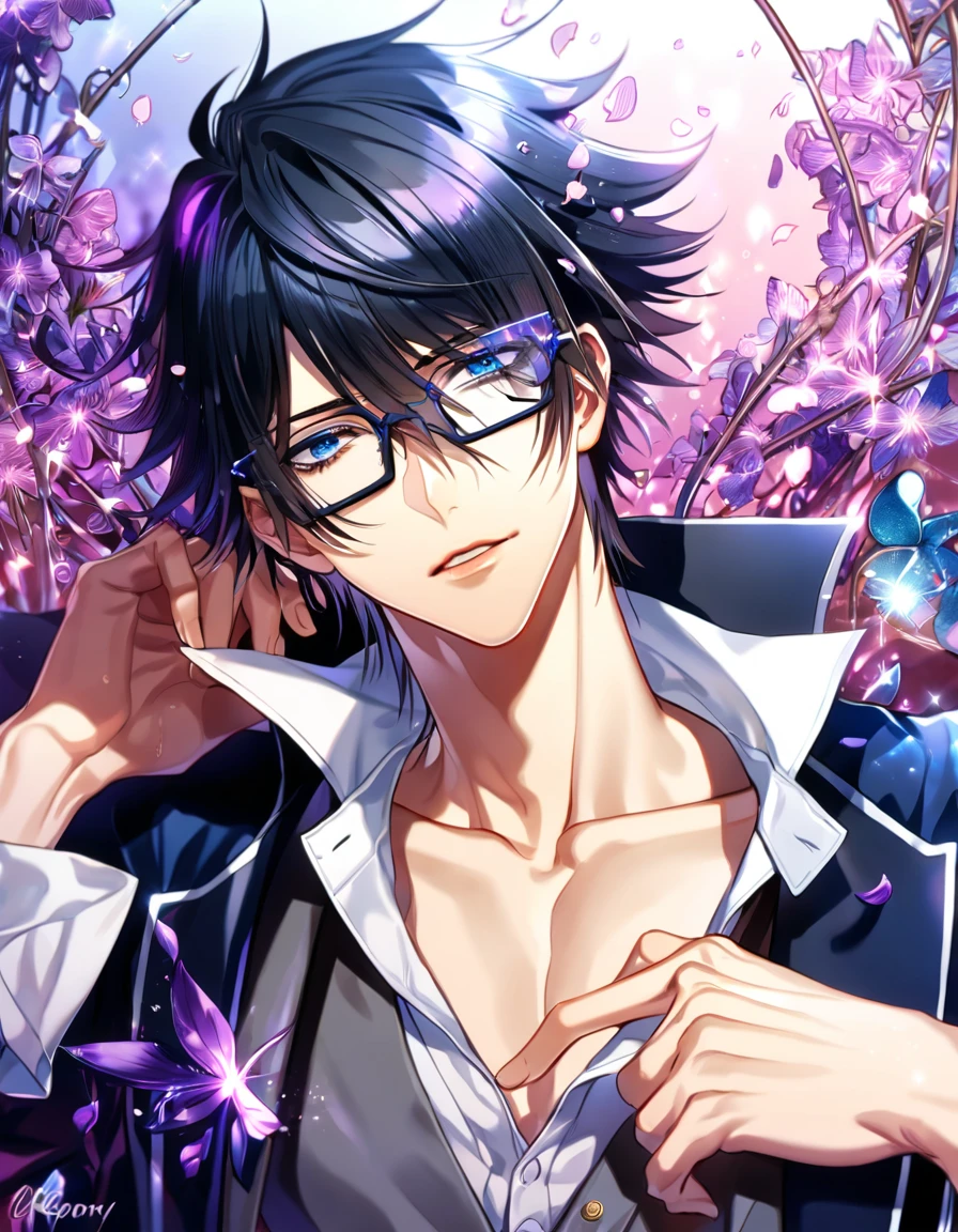 Ultra detailed, HDR, Highres, absurdres, master piece, Fushimi Saruhiko, messy black hair, expressive blue eyes, black rectangular glasses, gray waistcoat, long blue overcoat, white shirt, K Project, sexy man, handsome, purple flowers, petals, fantasy, magical, purple leaves, handsome, best quality, glittering, sensual, horny, water, purple shining fireflies, solo, purple flames,