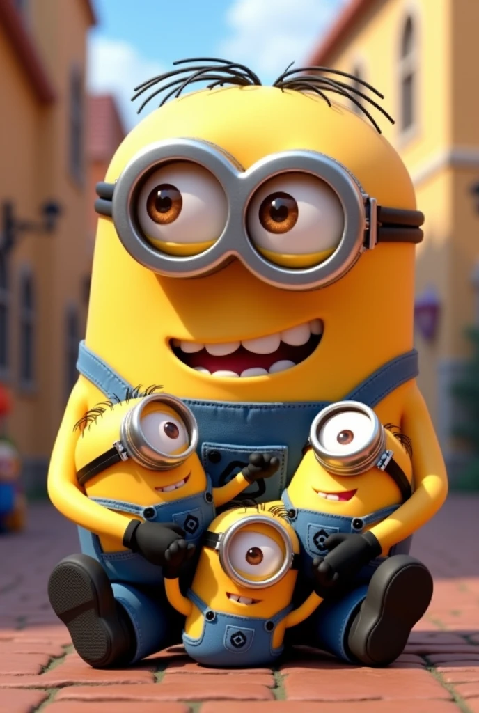 Minion daddy with baby minions on his lap