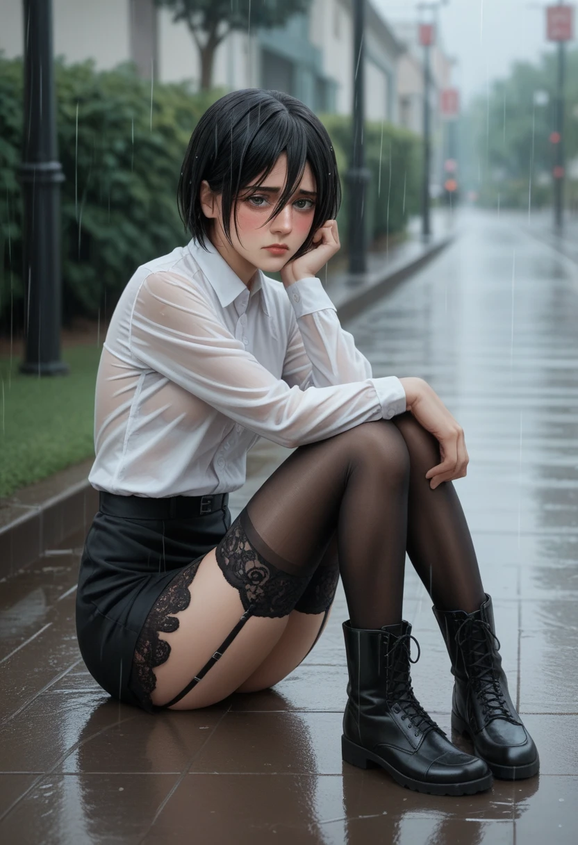 1 girl, Mikasa Ackerman, long black hair, under the rain, shy, blush, white long sleeve shirt, braless, transparent, short skirt, garter belt, lace black stockings, long black boots, perfect feet, perfect body, perfect legs, perfect arms, perfect hands, Whole body. sitting on the floor, face resting on knees. park