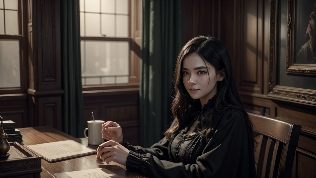 A sophisticated gothic-inspired home office with dark wood paneling, dramatic lighting, and old details --v 5, delicate hand, smiling, eyes black,Hard eyebrows, view 35 mm, 真实感, octane rendering, 8k, trends on ArtStation, 35mm camera, engine unreal, hyper detailled, Photo-realistic Maximum Detail, Volumetric Light, realistic matte painting, hyper photorealistic, trends on ArtStation, ultra detali, realist INFO