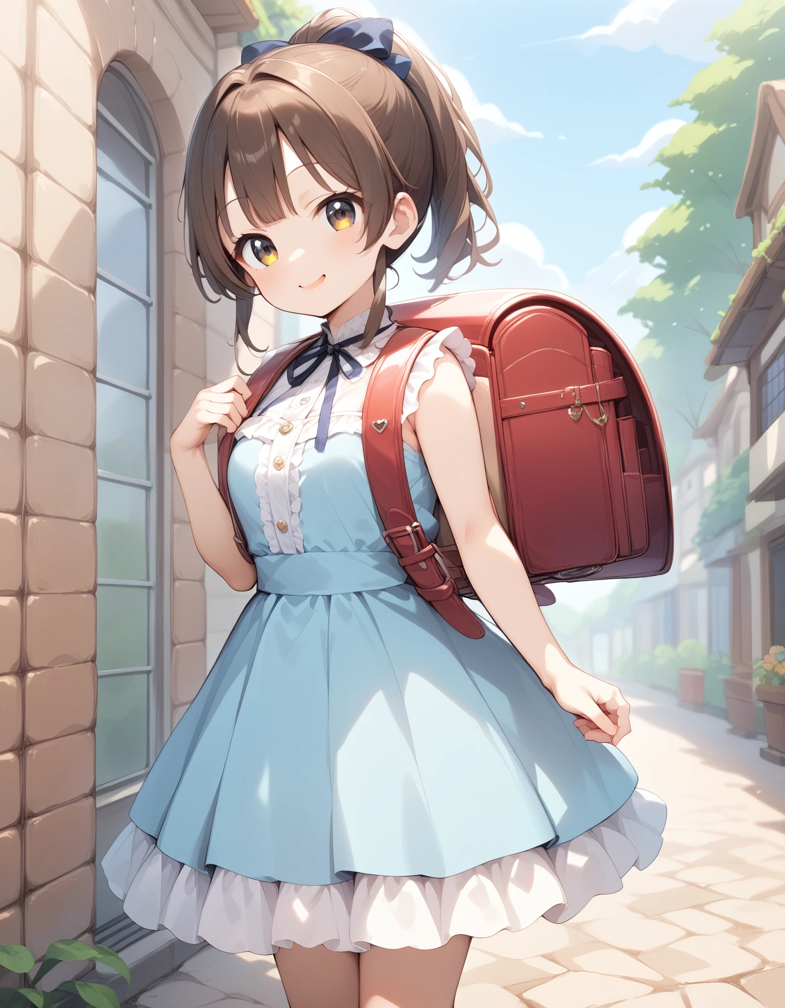 Masterpiece, hd, 1girl wearing a idol dress (idoldress) layered skirt, frills, ribbon, bow, sequins, smile, (Brown hair), outdoor, ponytail, standing, outdoor, wearing randoseru backpack, (randoseru backpack:1.2), day