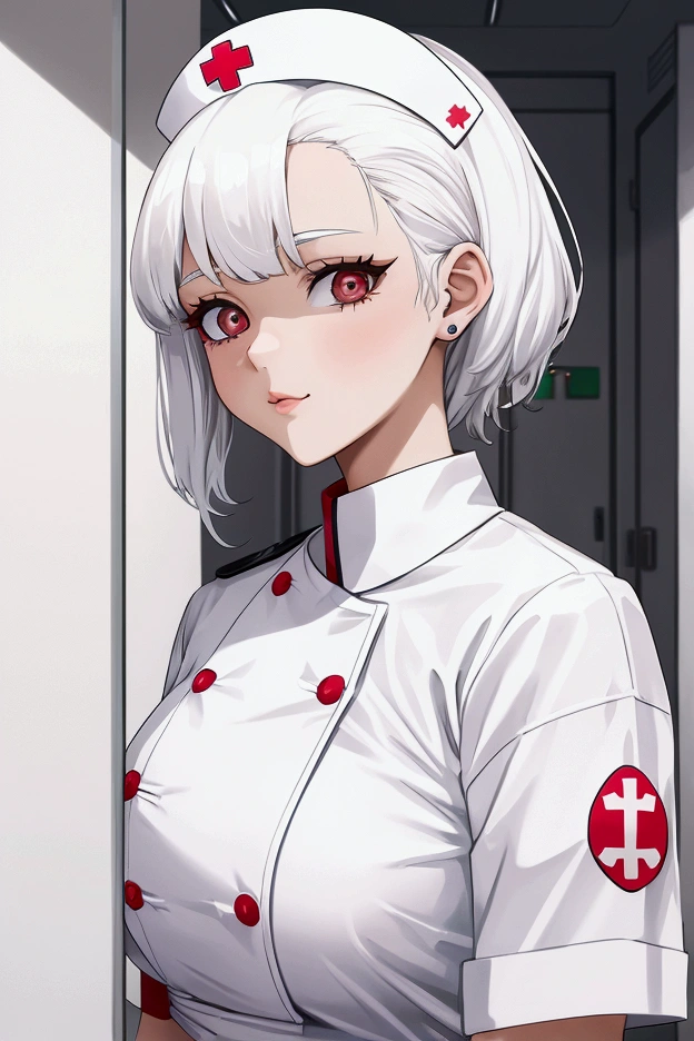 18 years old girl, white hair, big , hospital room, latex cloth, nurse