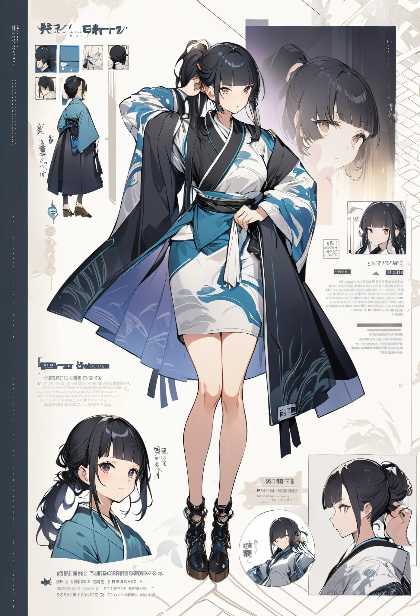 kimono、Virtual Character Design,Black Hair、blunt bangs、Tying up hair、Concept character sheet, face, Modern design, 1 female,Sexy concept, 