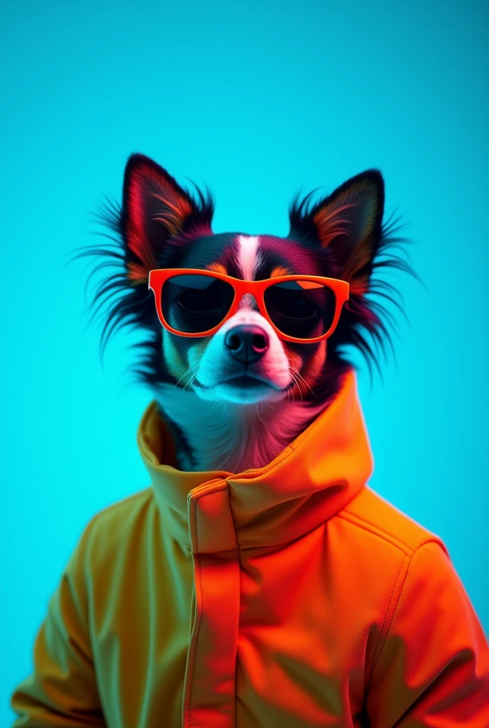 The best cell phone wallpaper, Award-Winning Wallpaper, portrait photography, In the front view is a portrait of a cute dog wearing mid-1960s space age fashion, Side view photo, Shot with Canon EOS R5, Set a strong contrast that accentuates the subject, Fluorescent blue tone, Wearing a very modern coat and sunglasses is a modern 1960s style, Clothes all in one color, beautiful background
