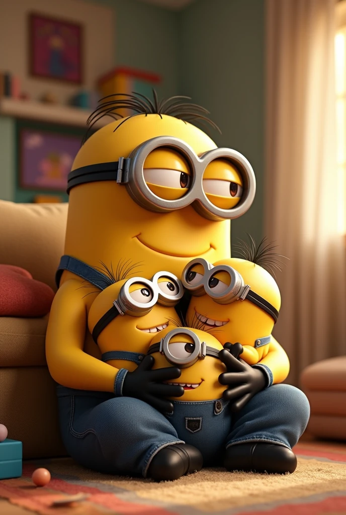 Minion daddy with  minions on his lap