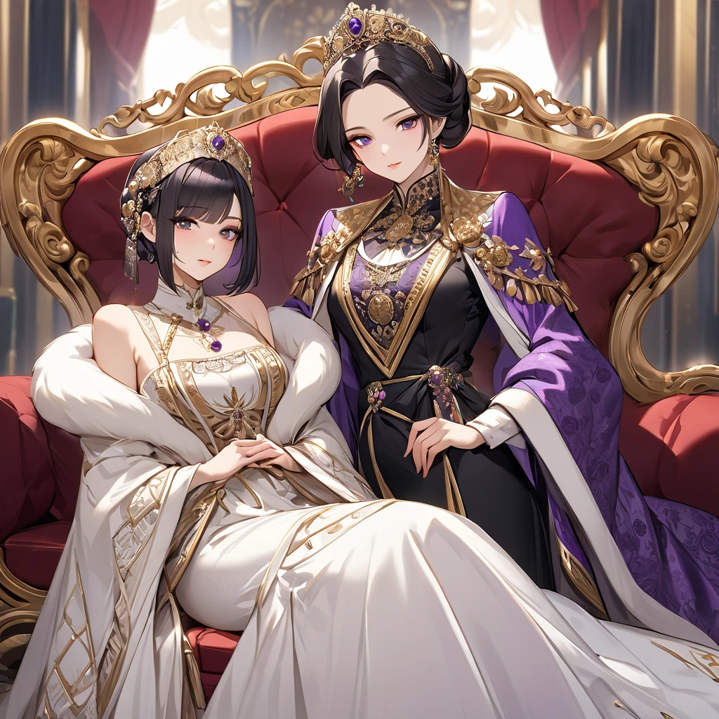 ((highest quality)), ((masterpiece)), (detailed), (Perfect Face)、The woman is Shinobu Kochou and has purple hair.、(The woman is wearing a luxurious, voluminous, shiny purple long slit see-through dress and a purple furry see-through cape.、She is wearing jeweled earrings and necklaces, bracelets and ankles, jeweled waist chains and head dress chains, a gorgeous open-front, detachable, see-through dress skirt, purple shiny boots, and a gorgeous engagement ring. Her two young daughters, ages 6 and 5, are standing next to her.)、(She is smiling and cuddling with her 6-year-old daughter in a gorgeous outfit in a large plush chair.)、The 6-year-old and 5-year-old daughters cling to the woman as if they are being pampered.