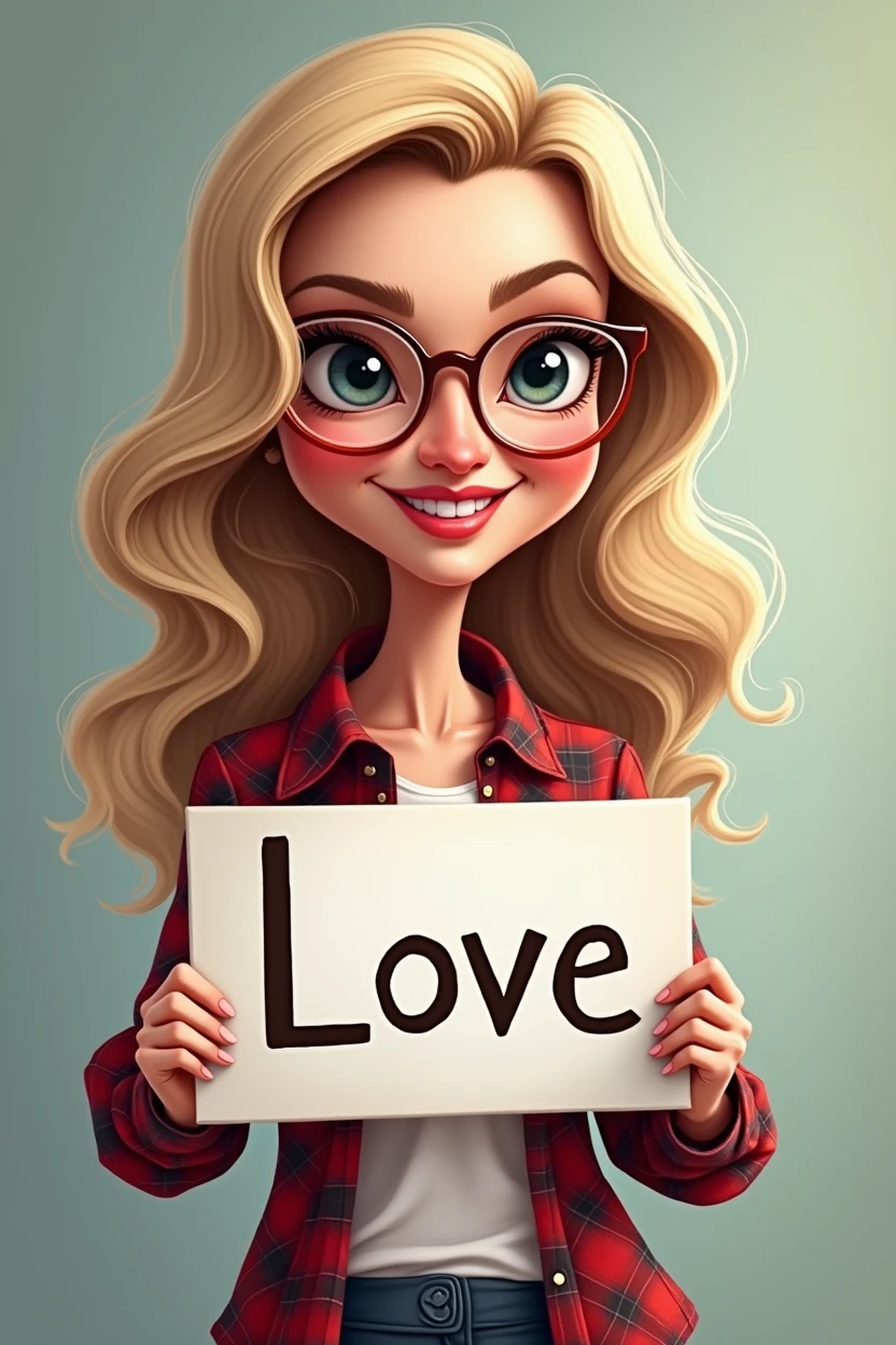 blonde woman in plaid shirt holding a sign saying Love, in hand, very high quality image, caricaturist alarcón, 20 year, 2 0, photo realist, Carolina Gariba, top quality photo,  fernanda suarez, fot, powder Nándor Katona, she is about 30 years old