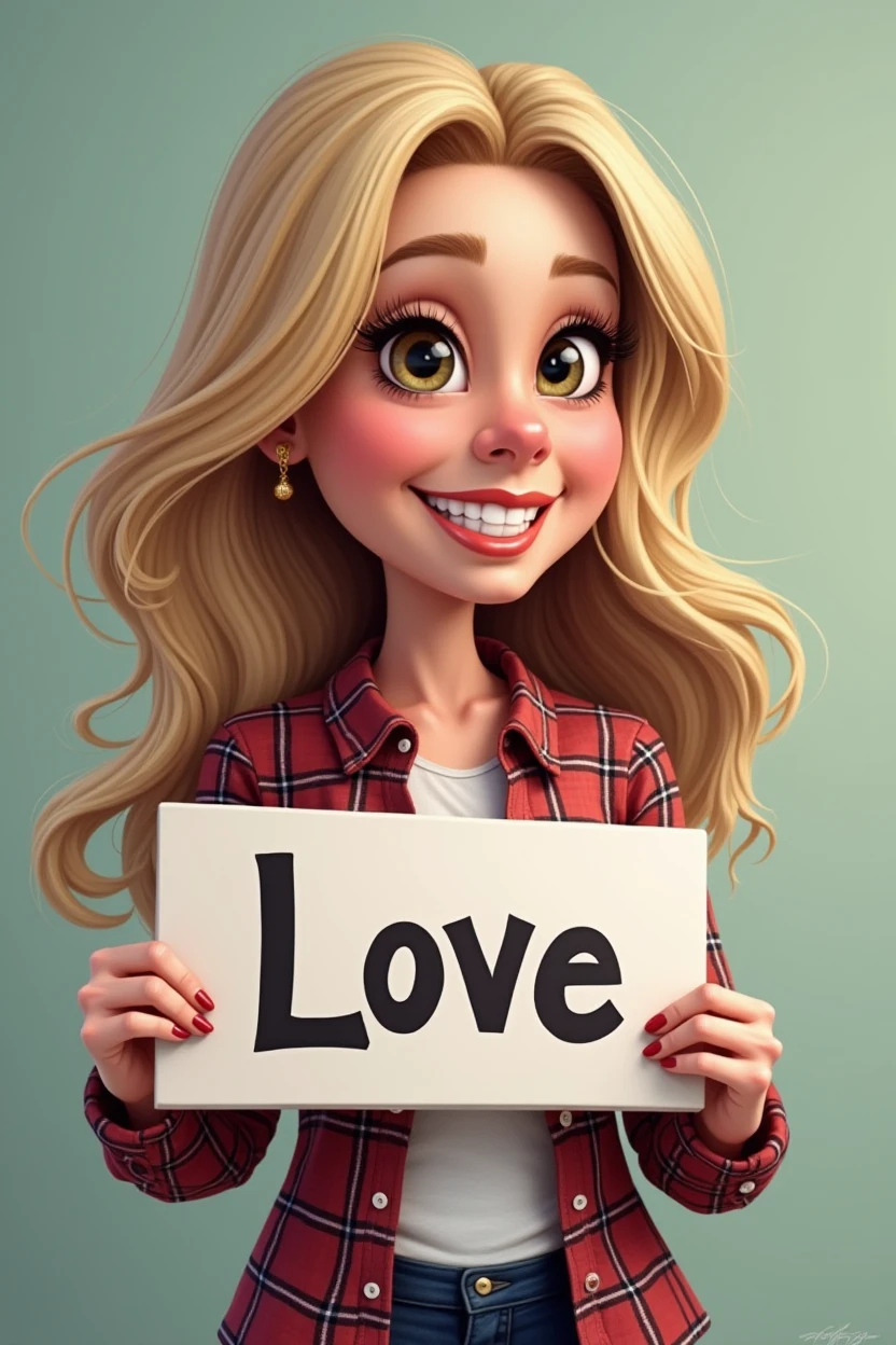 blonde woman in plaid shirt holding a sign saying Love, in hand, very high quality image, caricaturist alarcón, 20 year, 2 0, photo realist, Carolina Gariba, top quality photo,  fernanda suarez, fot, powder Nándor Katona, she is about 30 years old