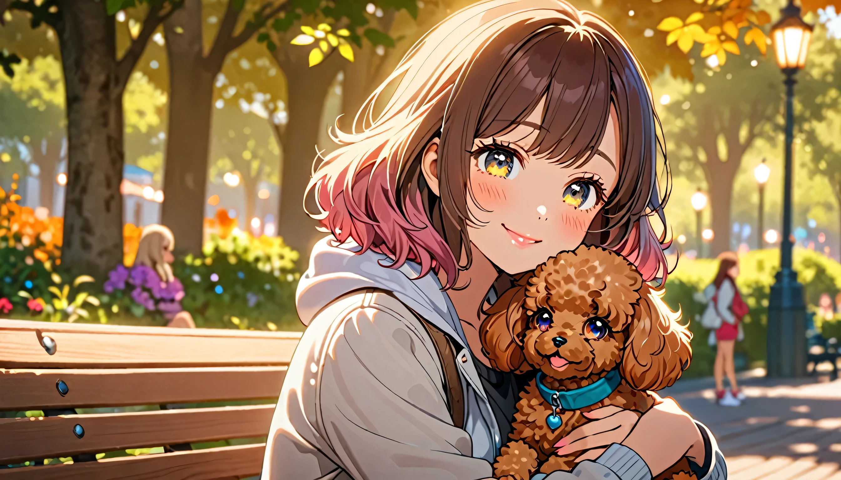 a girl on a park bench, (a toy poodle resting its paws on the lap of a smiling girl:1.2), a girl in casual clothes, adorable expression, detailed fur, soft lighting, warm colors, animetic, 8k, highres, detailed background, cozy atmosphere, beautiful detailed eyes, beautiful detailed lips, extremely detailed face and expression, long eyelashes, detailed clothing folds, soft focus, depth of field, natural lighting, vibrant colors, masterpiece