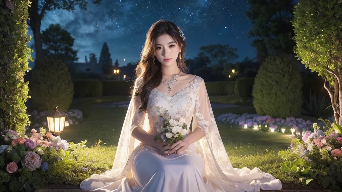 [Core Concept] A high-quality, detailed, and visually striking image depicting a young woman in a lush, floral garden under a starry night sky.

[Character Description] A beautiful, youthful woman with delicate features and an ethereal, serene expression, dressed in flowing, elegant attire.

[Environment/Background] A vibrant, meticulously rendered garden filled with a variety of colorful, blooming flowers and lush greenery, surrounded by a vast, starry night sky.

[Style and Atmosphere] A dreamlike, almost magical atmosphere, with a sense of tranquility and wonder, creating a captivating and visually stunning scene.

[Composition] The woman is positioned centrally, surrounded by the garden's natural beauty and the expansive, starry sky, drawing the viewer's attention to the focal point.

[Details and Embellishments] Intricate details in the flowers, foliage, and the woman's attire, as well as the intricate patterns and textures of the night sky, adding depth and richness to the overall image.

[Technical Specifications] A high-resolution, photorealistic image with exceptional clarity, depth, and attention to detail, showcasing the pinnacle of visual artistry and technology.