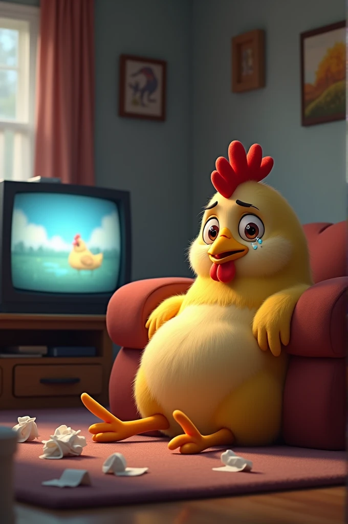 Pixar cartoon style chicken sitting on the sofa watching TV and crying