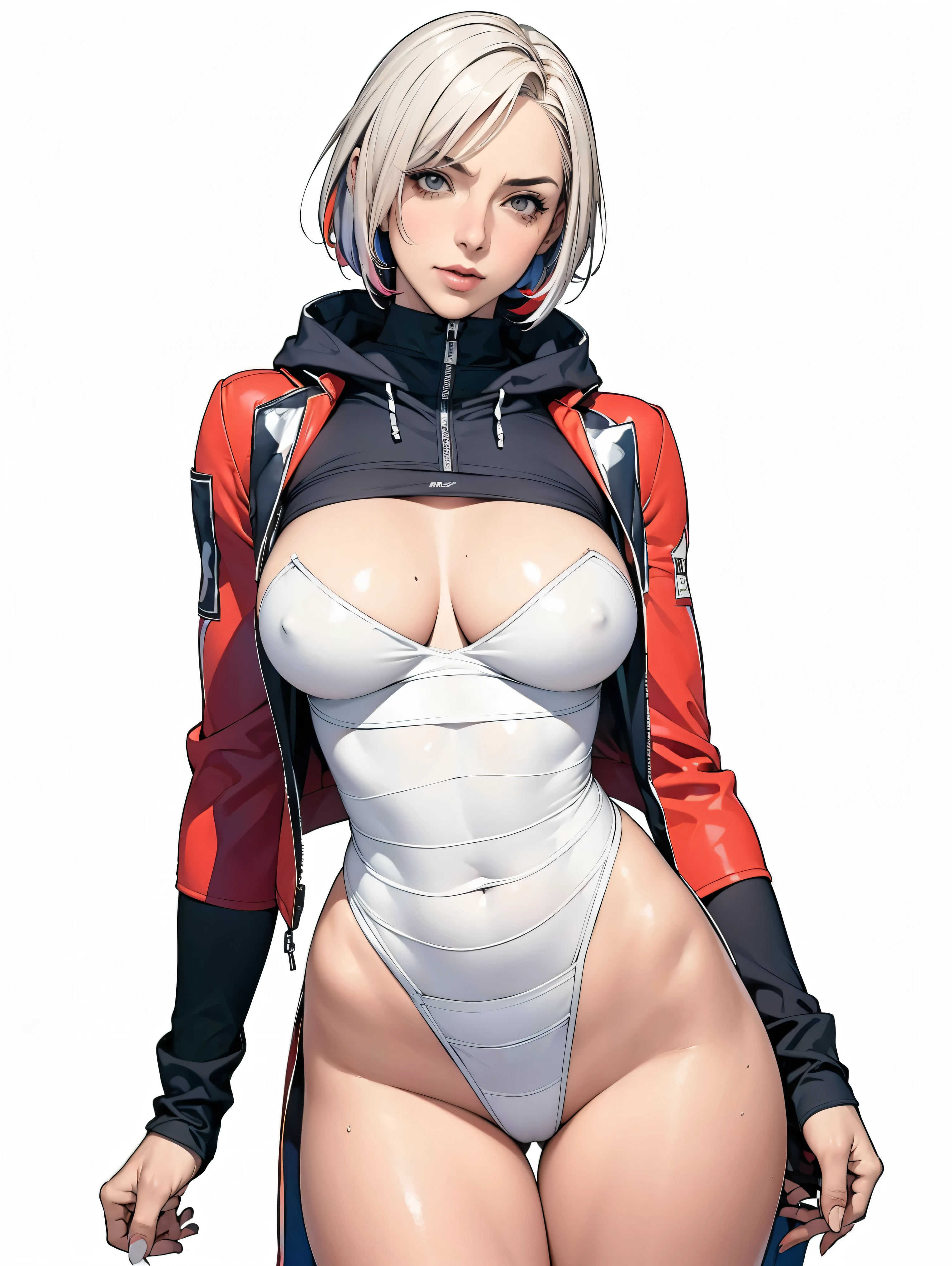 (((Annie Lennox))), (((colorful suit))), (scars), (((bandaged arms))), (((colorful clothes))) (( hood)), (((best quality: 1.4))), (Unbeatable masterpiece), (hyper HD),(CG 8k hyper-realistic), beautiful face, (((breasts big))), (((hyper feminine))), sexly girl, round face, black tattoo,(ultra short red hair with white highlights)), ((( sculptural body ))), (((1 Kizi))), Kizi tatuada de 25 anos com perfect body,,Beautiful and well-groomed face, (round face), muscular body:1.2,solid color detailed jacket, (Head to thigh photos), Complex equipment, ,Tight clothes,With white stars and off-white stripes,,,,,Armor Metal Electronic Parts, Poison tattoos ) INFO, Kizi, (((standing alone))), , 24歳, sexy, pose de attitude, work of art, dancing, ((slight smile)), post-apocalypse, (((manga style))), bounty hunter, the way you want, perfect body, roupa moderna, advanced technology, white, yellow accent, black, red accent, fur collar jacket, sleeves with vertical striped pattern, background city, (( cowboy shot )). intricate visual, narrow waist, (((wide hips))), wide hips, fit thighs, (((thigh gap))), Thigh gap, background shows a futuristic airplane, open expression, expression happy