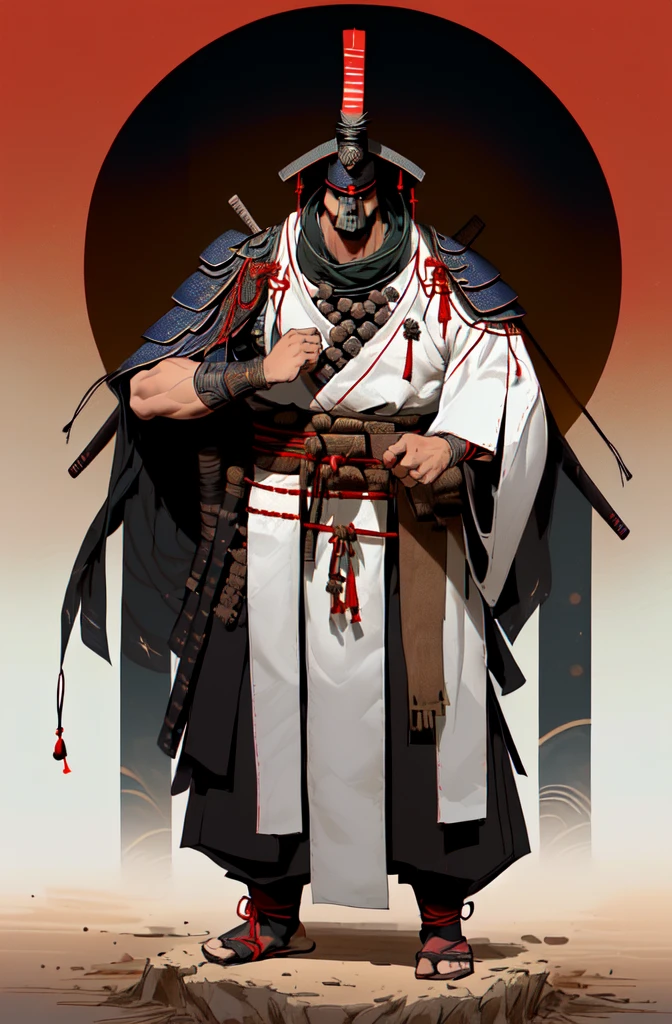 male, lean build, feudal Japan era, samurai, wearing a gi, leather plates on shoulders, leather plates around legs, wrapped tabi footwear, tachi, tightly wrapped bandana over mouth and nose, conical rice hat, leather chest armor, rice hat on head, white and red kimono, close-up shot, stern eyes, swirling green fire, (very large) rice hat atop head