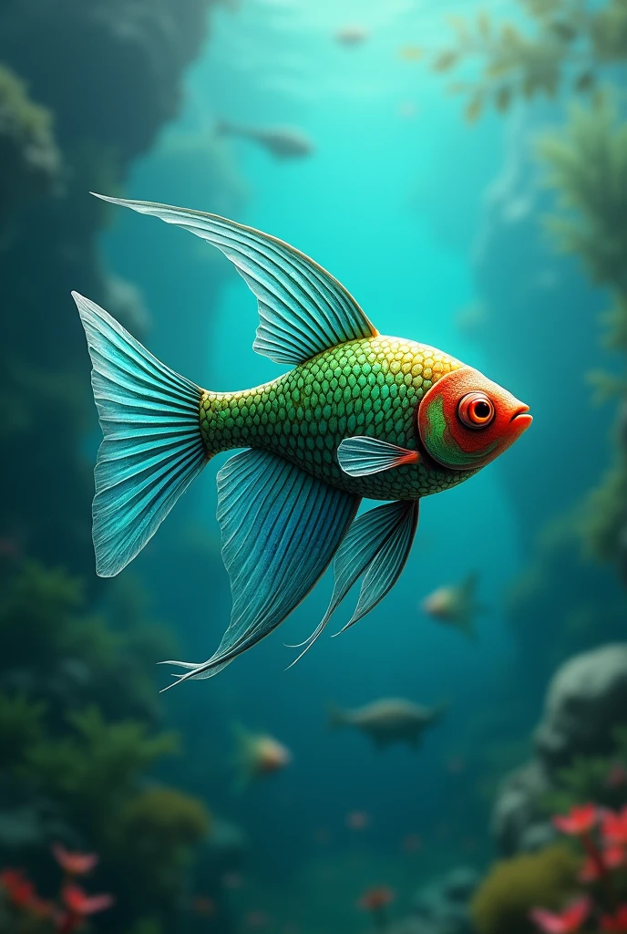 Create a green fish with blue tail and red eyes