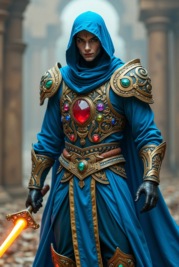 Ninja in blue clothes , showing the face of alien Arcturian, with sword of fire , gold armour, couraça no peito cerulean cheia de pedras preciosas verde,rot, purple,cerulean,yellow,Greva cerulean.