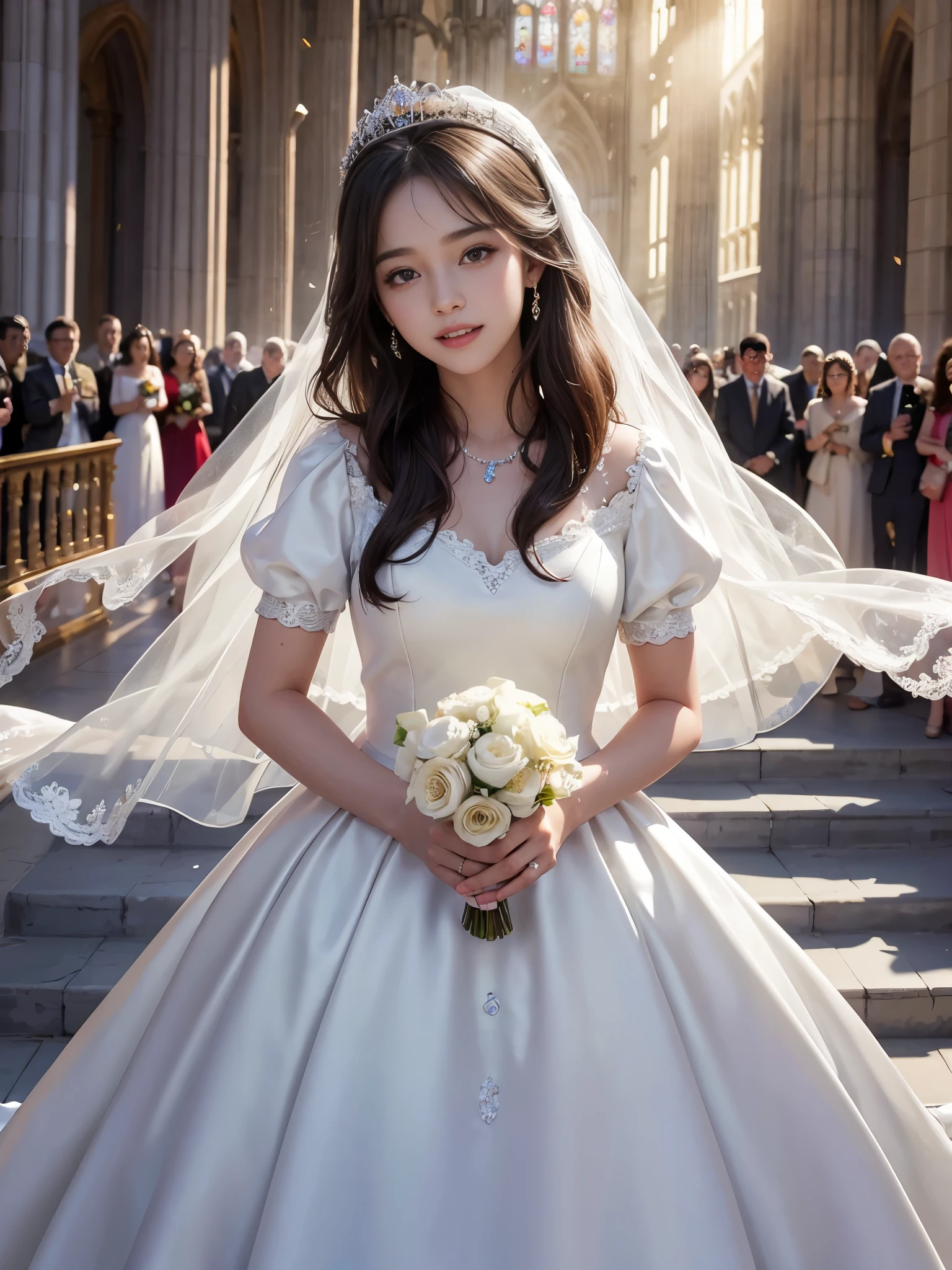 best quality, masterpiece, 1 girl, long hair, A huge laugh, cute teen, shiny lips, sweet, sun glare, Conservative attire, wedding dress, Bridal Tiara, depth of field, blurred background, Cathedral Background, light particles, strong wind, head tilt