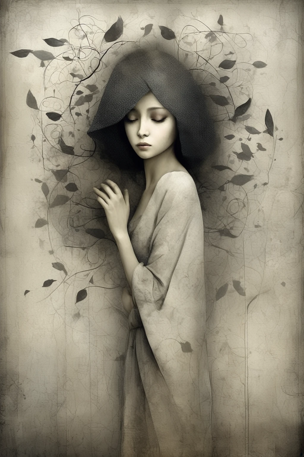 Gabriel Pacheco style: imagine an intricately detailed style., Graphic work in cold tones that reflects the magical realism of Gabriel Pacheco.. The artistic medium should be digital painting., allowing the incorporation of meticulous details and textures. The style should reflect Pacheco's distinctive surrealist approach.., filled with fantastic creatures or otherworldly environments that provoke thought and wonder. Lighting should be strategically designed to highlight details., creating an atmospheric glow that enhances the surreal ambiance. The color palette should include mainly cool tones such as deep blues.., icy whites, and silver greys, in layers to create a mystical, dream effect. The composition must be dense and complex., Each element contributes to a captivating and mysterious visual story.
