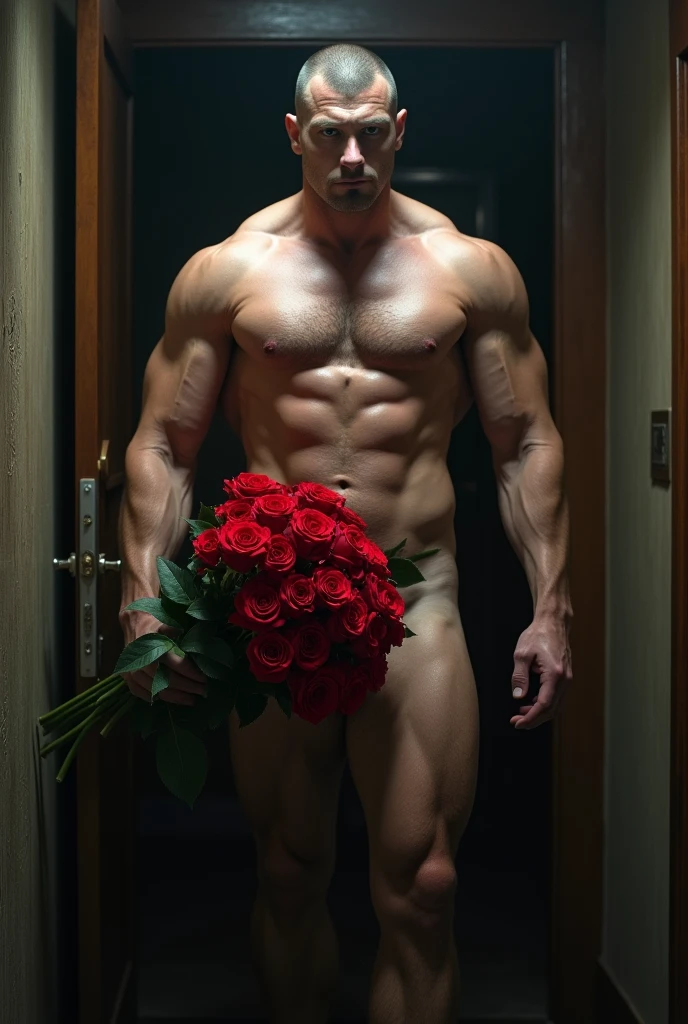 Russian man of 2,34 meters high, rubio, blue eyes, named Caesar Sergeyev, mafia, Serious ruthless man with a bouquet of red roses as he enters the room in a state of nudity.