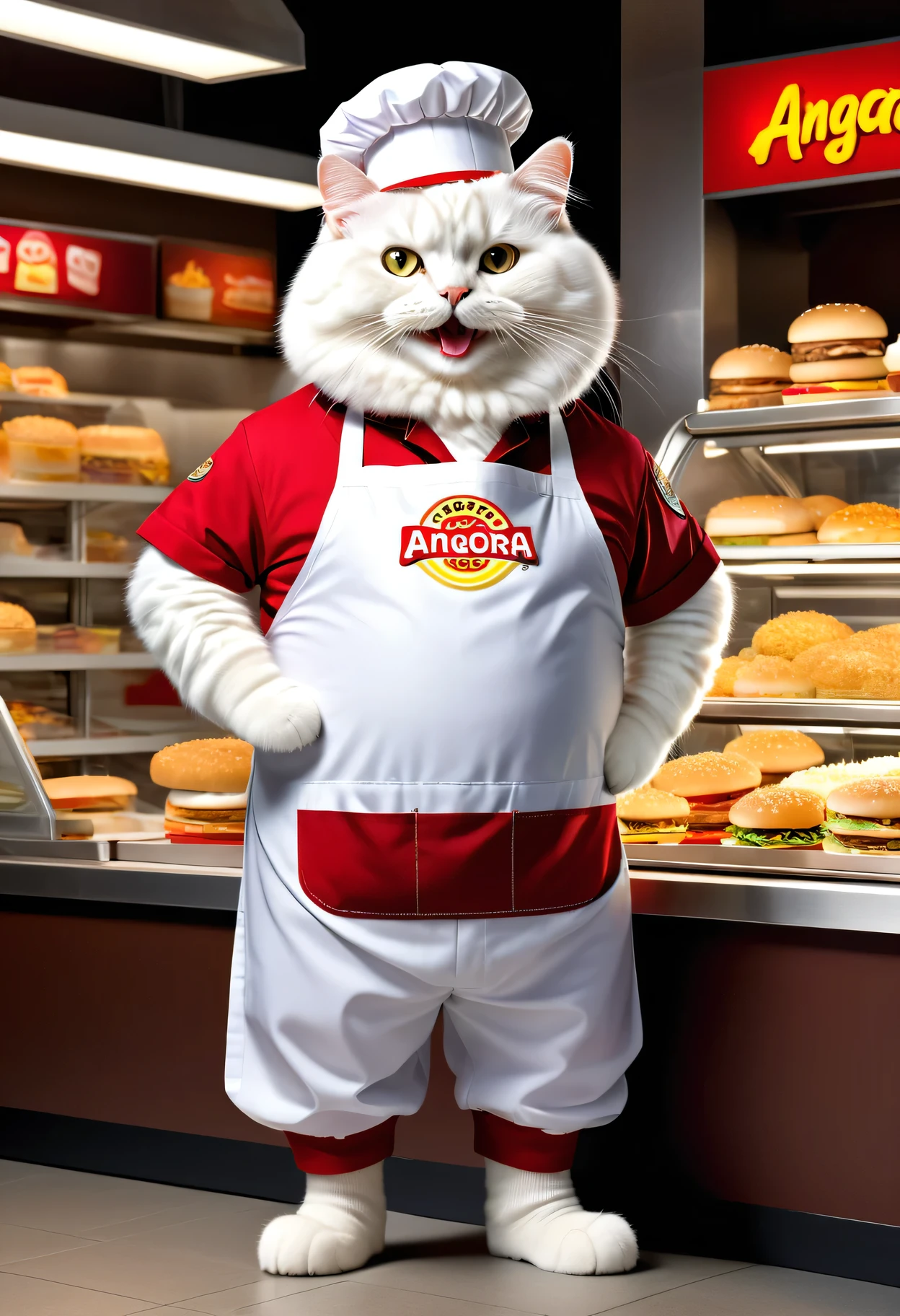 photorealistic portrait of Dressed animals-a ((fat)) (angora cat) worker,(furry), (elegant pose:1.5), (hands on hips:1.5),(smile:1.5),high quality,(),(lovely) ,intricate details, Wearing fast food shop uniform , (apron and cap), highly detailed ((fast food shop uniform)) ,highly detailed pants sneaker and high sox , (happy), soft lighting,(full body image:2.0),in fast food shop background,,score_9, score_8_up, score_7_up, score_6_up, score_5_up, score_4_up,