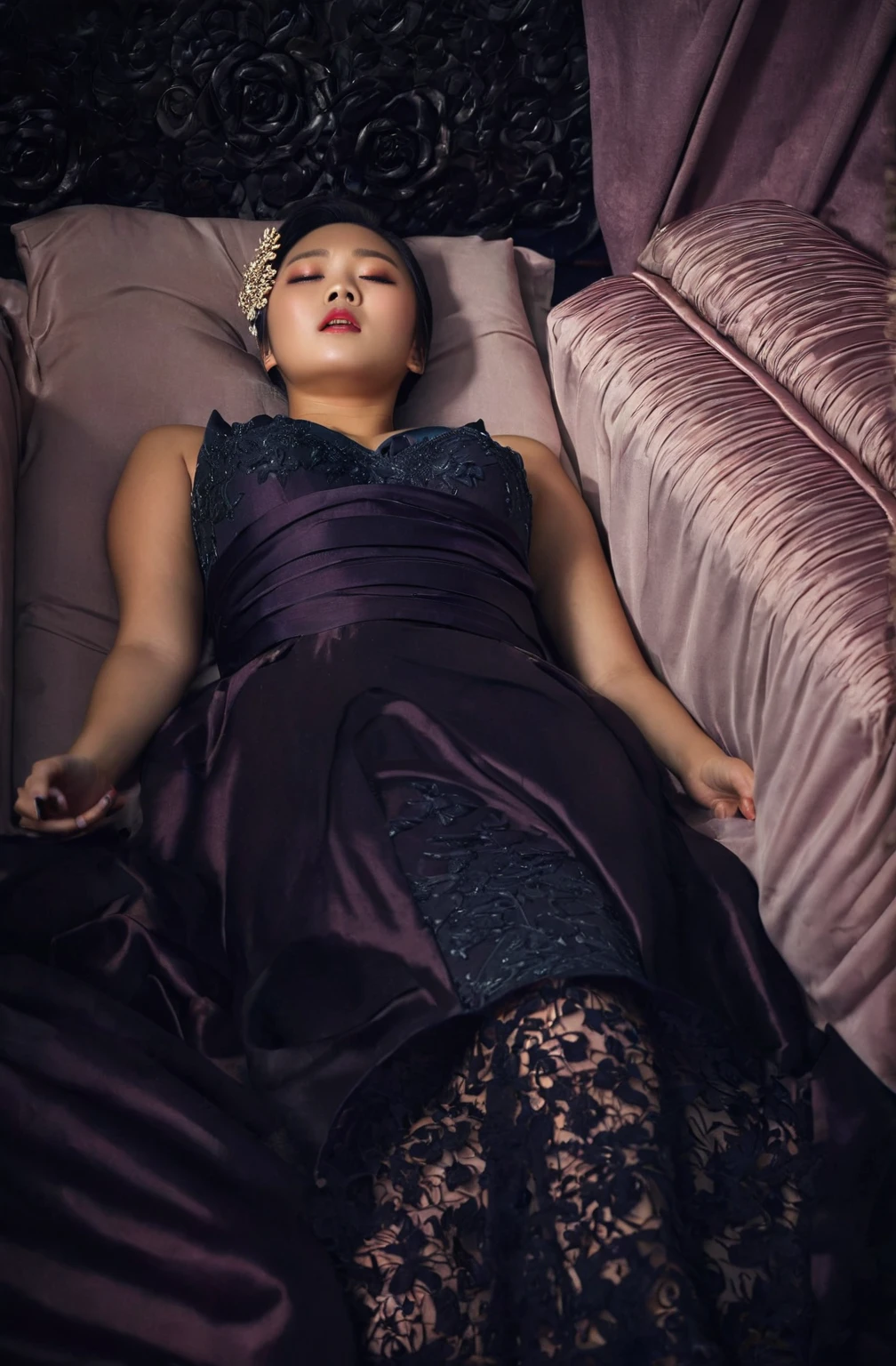 In a striking 8K HDR scene, a stunning Korean woman, 22 years old, lies peacefully in a black coffin surrounded by plush pillows. The deep box is set against a rich black background, accentuating the beauty of the subject. Her exquisite deep-V neckline kebaya attire is embroidered with superb detail, showcasing her round and firm breasts, perfect cleavage, and beautiful eyebrows. Her closed eyes and mouth give an air of serenity, while her visible and absolute cleavage leave nothing to imagination. The scene is bathed in saturated colors, highlighting every intricate aspect from the ball skirt to her clean face, straight body, detailed hand perfect hands, straight body, own hands together, own hand on stomach, detailed hands, perfect hands.