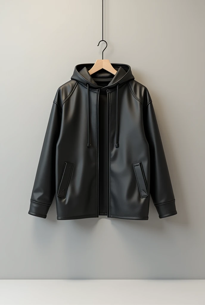 Create a minimalist image where a single garment with an urban style is hanging from a hook