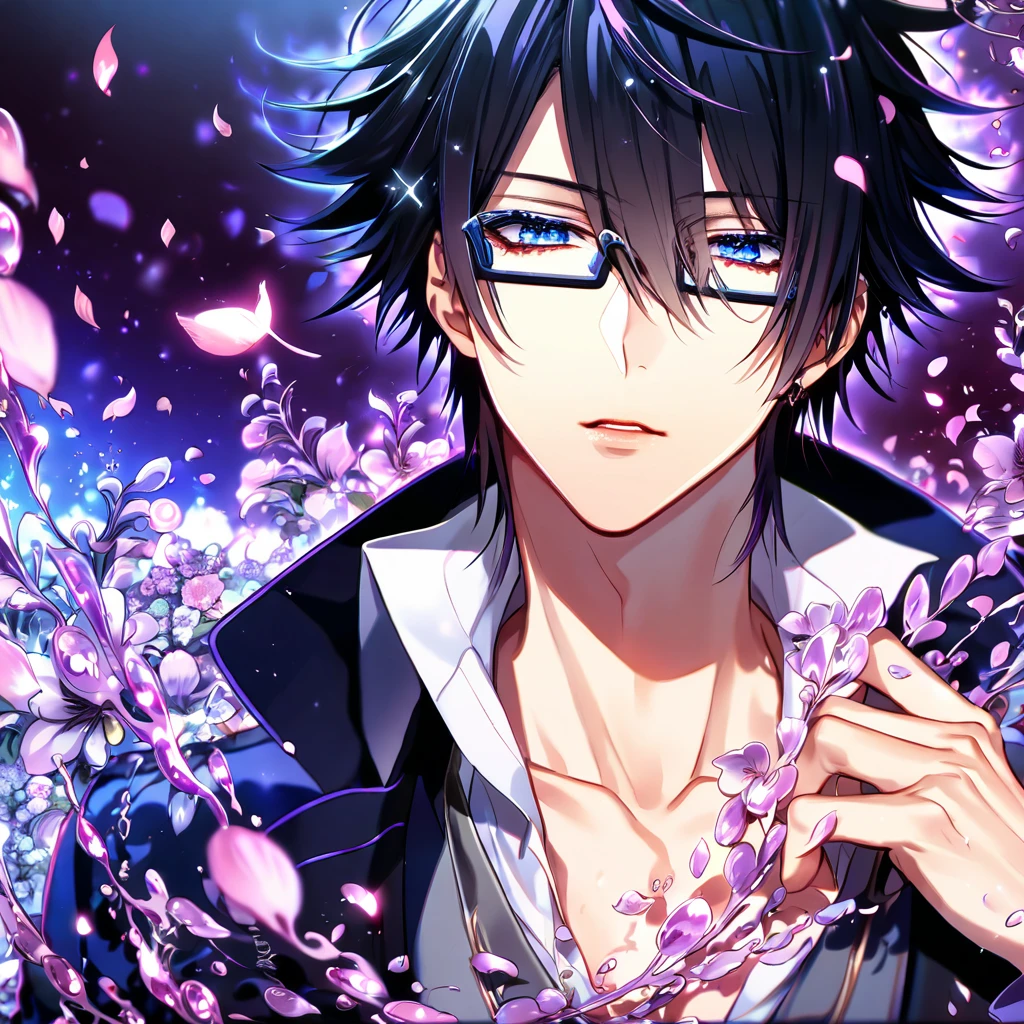 Ultra detailed, HDR, Highres, absurdres, master piece, Fushimi Saruhiko, messy black hair, expressive blue eyes, black rectangular glasses, gray waistcoat, long blue overcoat, white shirt, K Project, sexy man, handsome, purple flowers, petals, fantasy, magical, purple leaves, handsome, best quality, glittering, sensual, horny, water, purple shining fireflies, solo, purple flames,