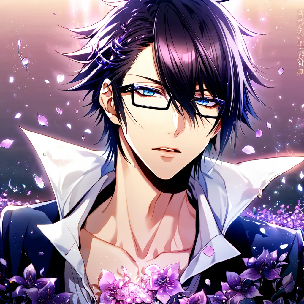 Ultra detailed, HDR, Highres, absurdres, master piece, Fushimi Saruhiko, messy black hair, expressive blue eyes, black rectangular glasses, gray waistcoat, long blue overcoat, white shirt, K Project, sexy man, handsome, purple flowers, petals, fantasy, magical, purple leaves, handsome, best quality, glittering, sensual, horny, water, purple shining fireflies, solo, purple flames,