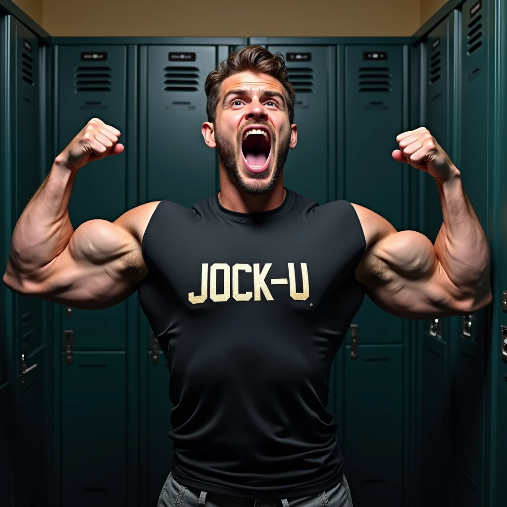 Young male college student Wearing a skin-tight shirt that says JOCK-U as a big dumb hyper muscular sweaty bodybuilder football jock bro flexing and staring blankly with open mouth into a monitor displaying a hypnotic spiral under hypnosis in a locker room doing a double bicep flex to expose sweaty armpits as he repeats, "Stare ... listen ... blank ... obey.... Bigger... Dumber.... Just a big ... dumb ... jock. Huhuh.... 'sup, bro? C'mere. Watch the spiral and FLEX with me, BRO! It's good to be a JOCK. Stare. Obey. Be a jock, just like me...." in a deep voice. Football jock assimilation. Hyper swollen crotch bulge. Sweating. Mouth hanging open. Hyper muscles. Giant biceps. Giant triceps. Broad shoulders. Giant traps. Giant lats. Giant deltoids. Big meaty pecs. Brainwashing. Hypnosis. Hypnotized. Bro. IQ drain. Sweaty. Stereotype. Hypnotic trance. Entranced. Brainwashed. meathead. Musclehead. mindless. brainless. Front view.