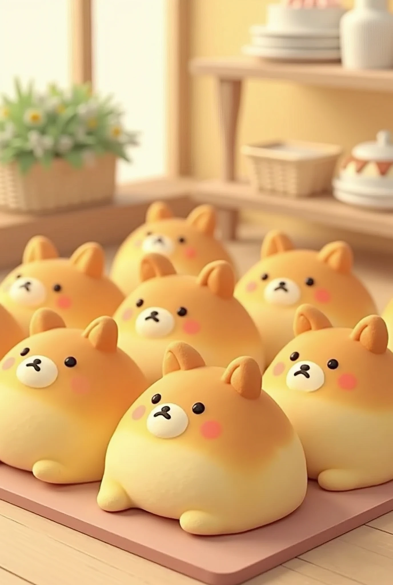 (masterpiece:1.2, Highest quality,Highest quality,Very detailedな:1.2),(Very detailed),(Photorealistic),8k,(Small Rilakkuma-style Shiba Inu character breads are arranged in a square:1.5,Bakery Shop,Deformation,Very simple design,Vector Flat,Vector art)