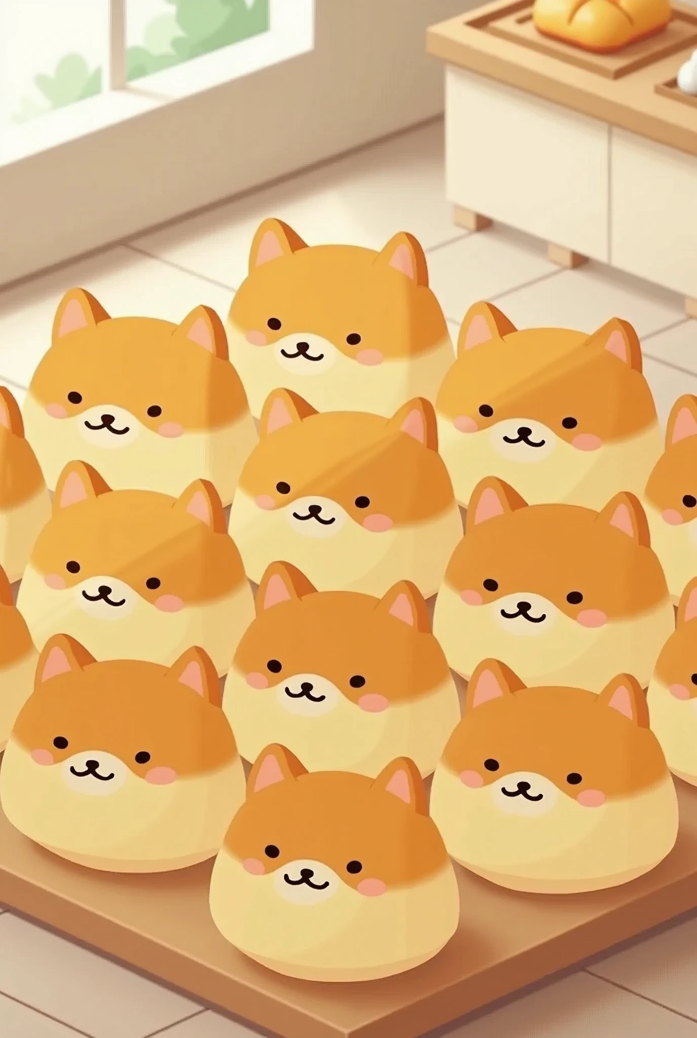 (masterpiece:1.2, Highest quality,Highest quality,Very detailedな:1.2),(Very detailed),(Photorealistic),8k,(Small Rilakkuma-style Shiba Inu character breads are arranged in a square:1.5,Bakery Shop,Deformation,Very simple design,Vector Flat,Vector art)