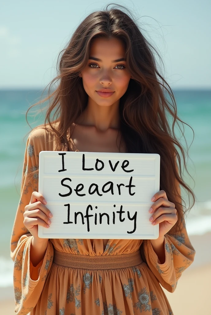 Beautiful girl with wavy long hair, bohemian dress, holding a white board with text "I Love Seaart Infinity" and showing it to the viewer