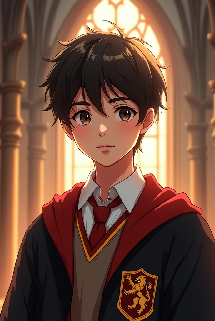 Beautiful young boy, just accepted into Hogwarts and sorted into Gryffindor, hand-drawn anime style. He has short, neatly styled hair, masculine features, and an expression of calm determination and confidence. He wears a Gryffindor robe with red and gold colors prominently displayed. The background features the grand halls of Hogwarts, filled with magical ambiance and warm, welcoming lighting. The illustration is detailed with soft lines and rich colors, emphasizing the sense of wonder, adventure, and inner strength in a magical world.