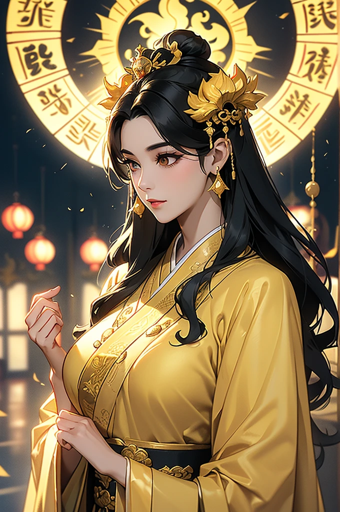 Black Hair, Immortal, Beauty, Royal sister, Stepmother, Gold Yellow Taoist robe, Golden Phoenix Coronet, Hair Bunch,  big ,Mature Woman，Sunshine