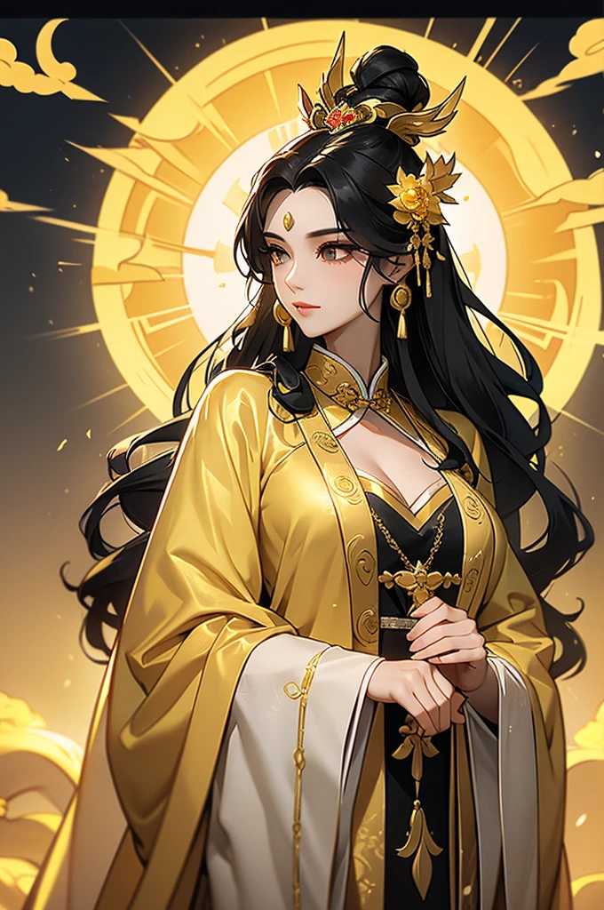 Black Hair, Immortal, Beauty, Royal sister, Stepmother, Gold Yellow Taoist robe, Golden Phoenix Coronet, Hair Bunch,  big ,Mature Woman，Sunshine