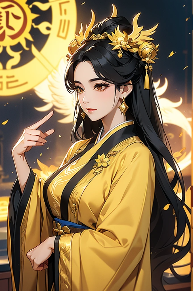 Black Hair, Immortal, Beauty, Royal sister, Stepmother, Gold Yellow Taoist robe, Golden Phoenix Coronet, Hair Bunch,  big ,Mature Woman，Sunshine