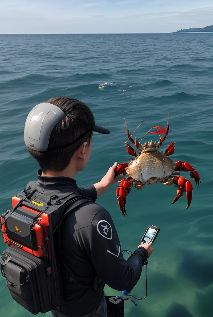 Generate a person with a sense of technology who is going to the sea with AR equipment,This device can help people find crabs、Fish and other small animals