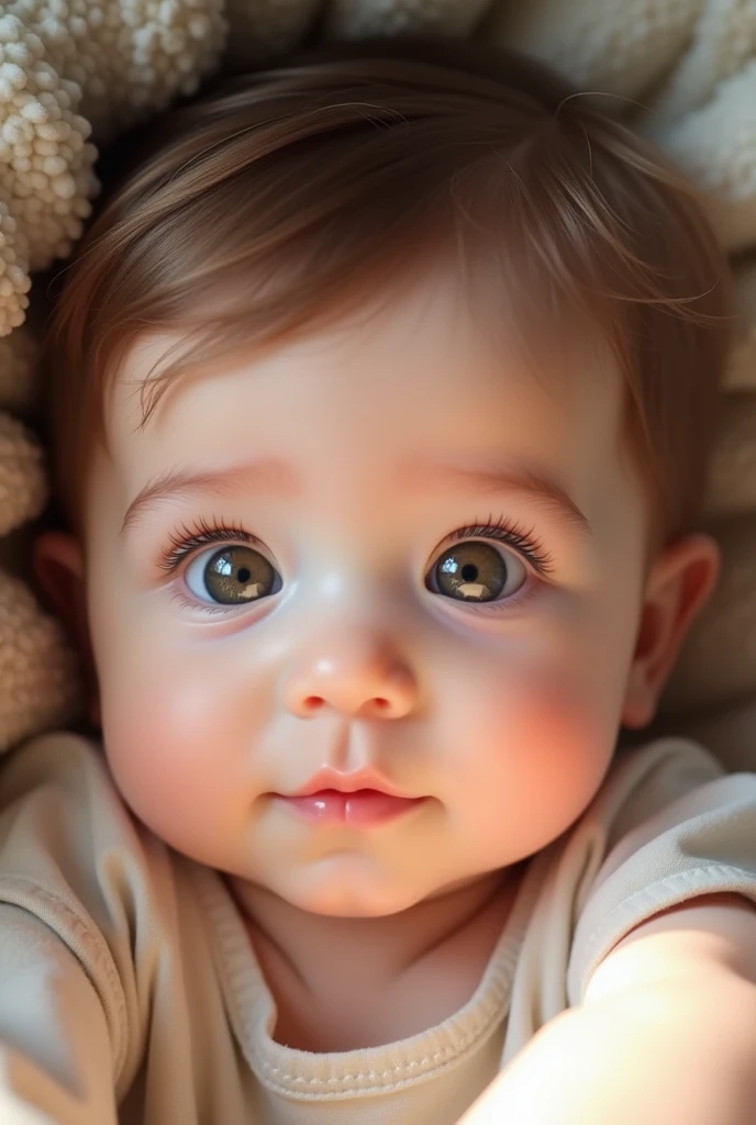 1 year old baby white skin, big eyes and eyelashes, Brown hair
