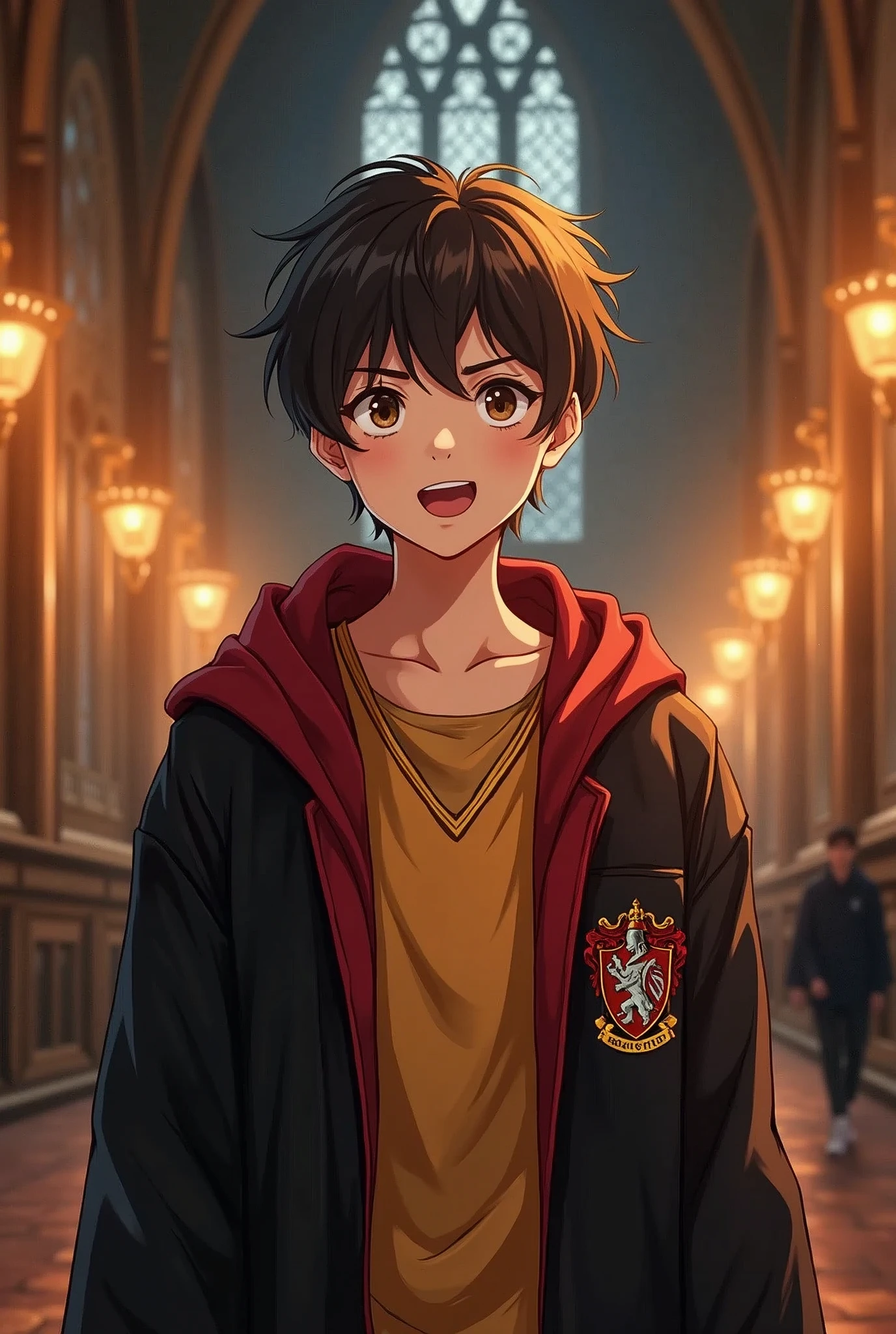 beautiful young girl, just accepted into hogwarts and sorted into gryffindor, hand-drawn anime style. he has short, neatly styled hair, masculine features, and an excited, confident expression. he wears a gryffindor robe with red and gold colors prominently displayed. the background features the grand halls of hogwarts, filled with magical ambiance and warm, welcoming lighting. the illustration is detailed with soft lines and rich colors, emphasizing the sense of wonder and adventure in a magical world