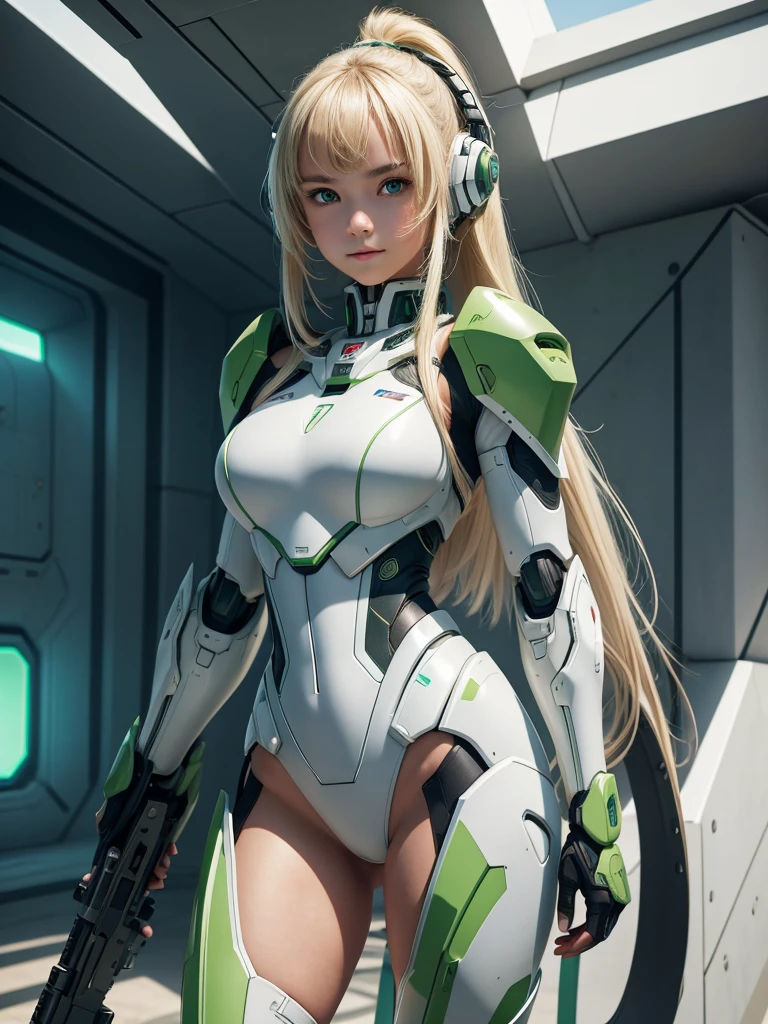 1  girl. Beautiful teenage girl. 12 yeariful futuristic naked mecha girl army. White skin. Powerful soldier. Futuristic army base. Blonde hair. Green sexy mecha suit with cleavage. No pants. No bra. No underwear. Exposing her breast. Futuristic jetpack. Green eye. Flat chest. Holding a futuristic riffle gun. Green energy light. Beautiful teenage face. Standing pose. Smile