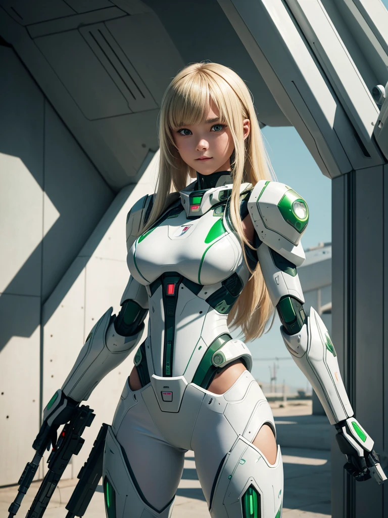 1 age girl. Beautiful teengirl. 12 yearsful futuristic naked mecha girl army. White skin. Powerful soldier. Futuristic army base. Blonde hair. Green sexy mecha suit with cleavage. No pants. No bra. No underwear. Exposing her breast. Futuristic jetpack. Green eye. Flat chest. Holding a futuristic riffle gun. Green energy light. Beautiful teenage face. Standiose. Smile