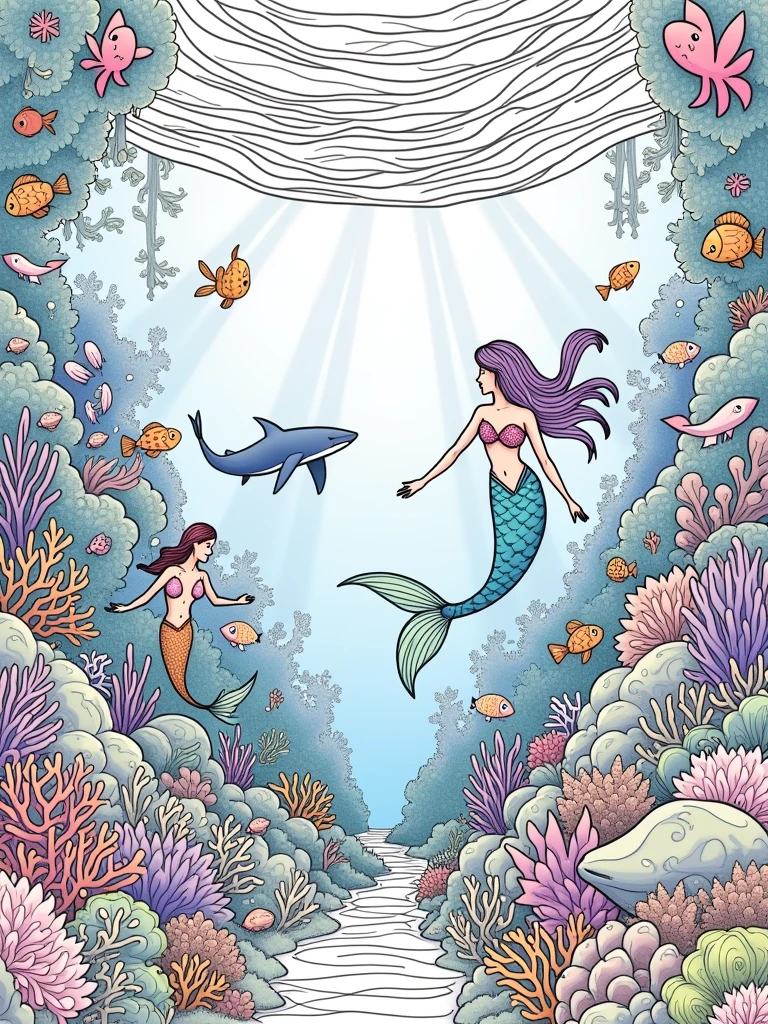 Line drawings of an underwater world with fish, coral reefs, sharks, octopuses, and mermaids. The underwater environment should be vibrant and full of life, with plenty of details for kids to color