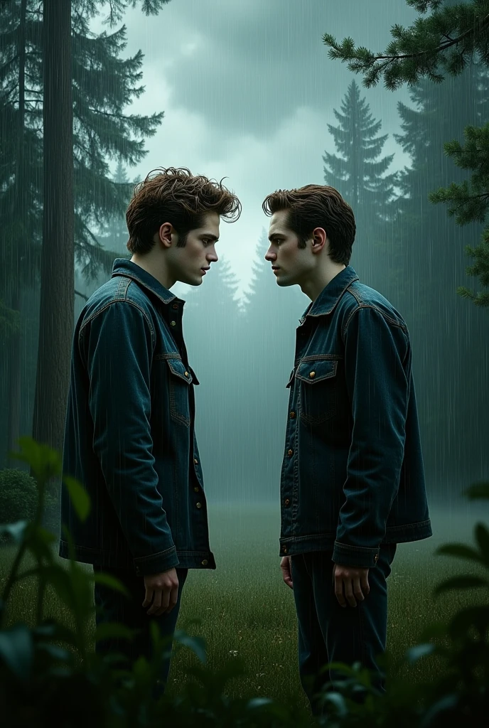 Edward Cullen and Mike Newton in a storm, looking at each other in the middle of a forest in Forks