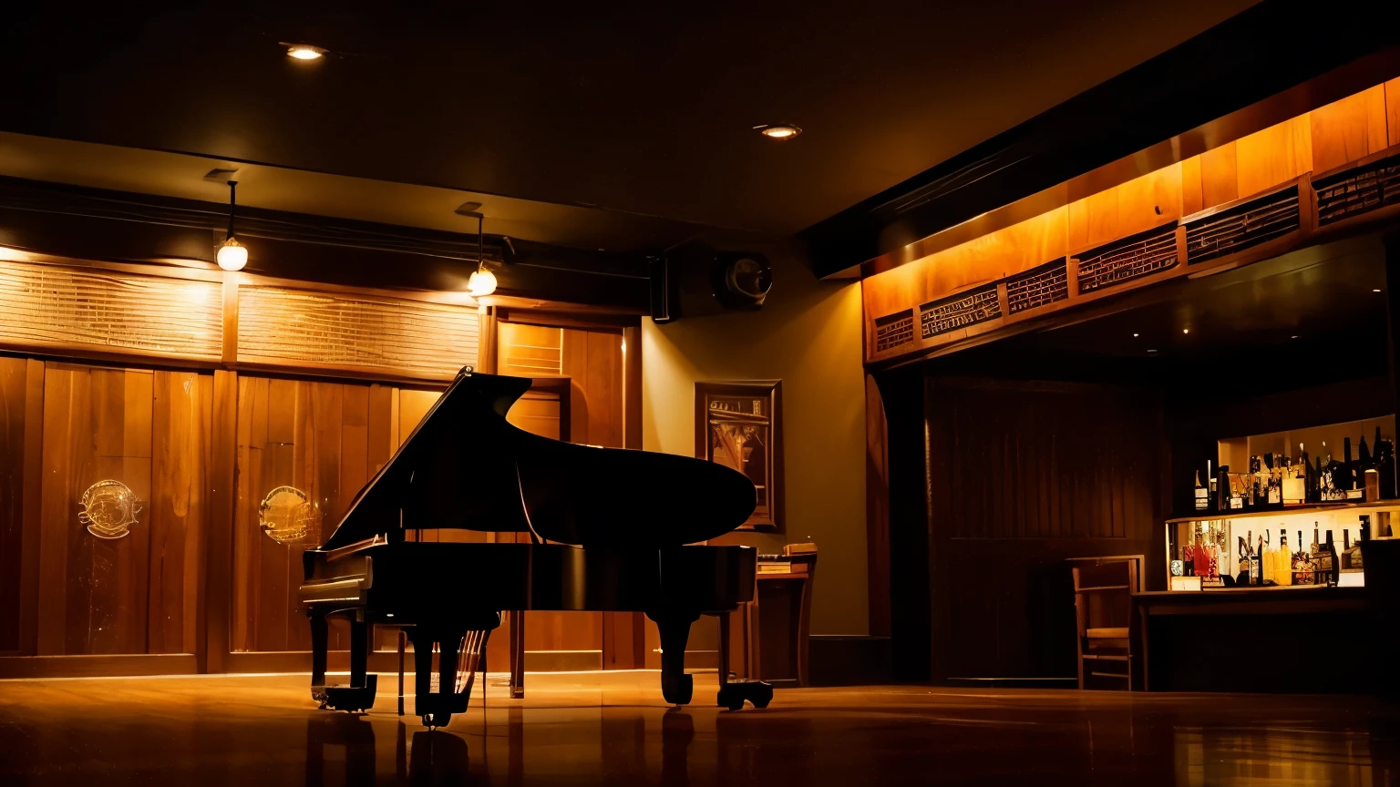 "A dimly lit jazz bar with warm, amber lights casting soft shadows on polished wood. The stage is set with a grand piano, double bass, and saxophone, ready to bring the night to life."