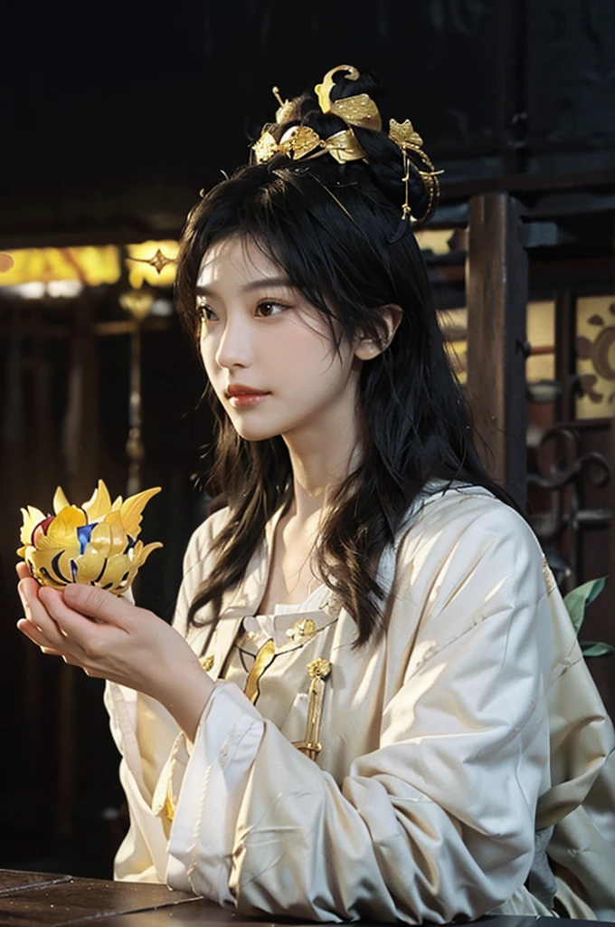 Black Hair, Immortal, Beauty, Royal sister, Stepmother, Gold Yellow Taoist robe, Golden Phoenix Coronet, Hair Bunch, Mature Woman,Sunshine