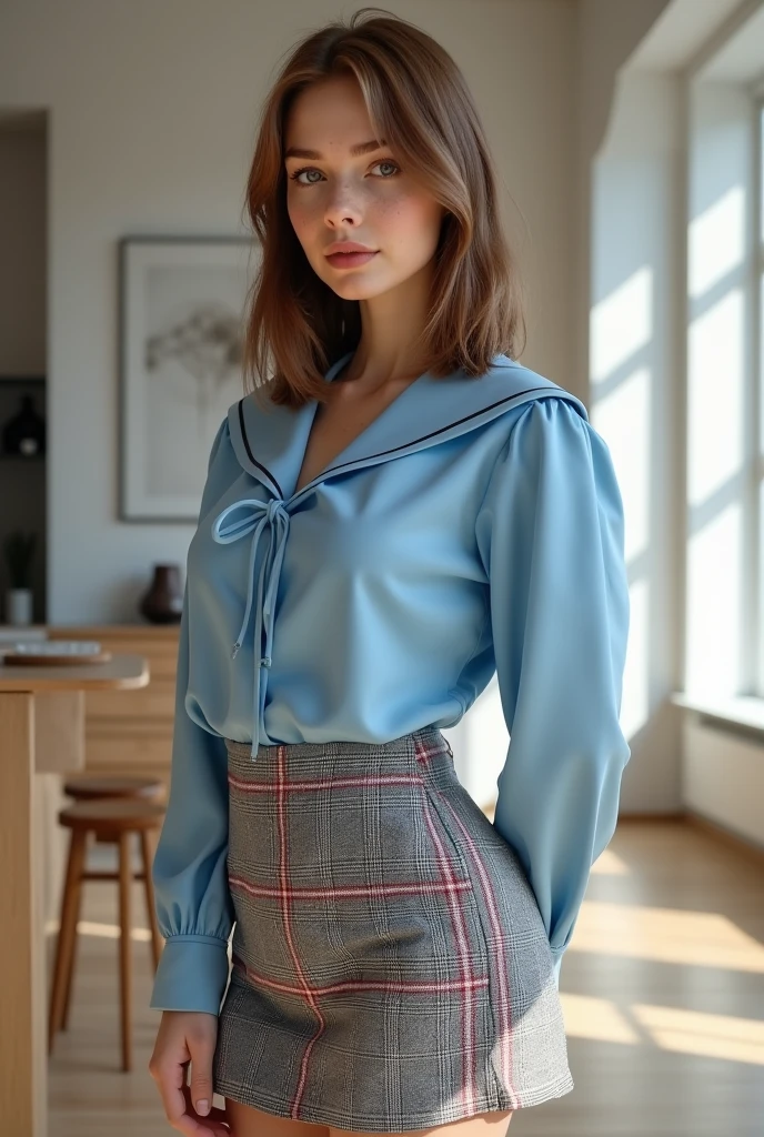 Czech girl with straight brown hair, Tank rail, E Cup,Slightly curvaceous, Hazel Eyes, freckled cheeks, She is wearing a sky blue sailor collar blouse and a tartan check mini skirt., A very modern house with a height of about 170 cm、'Prague. 8k